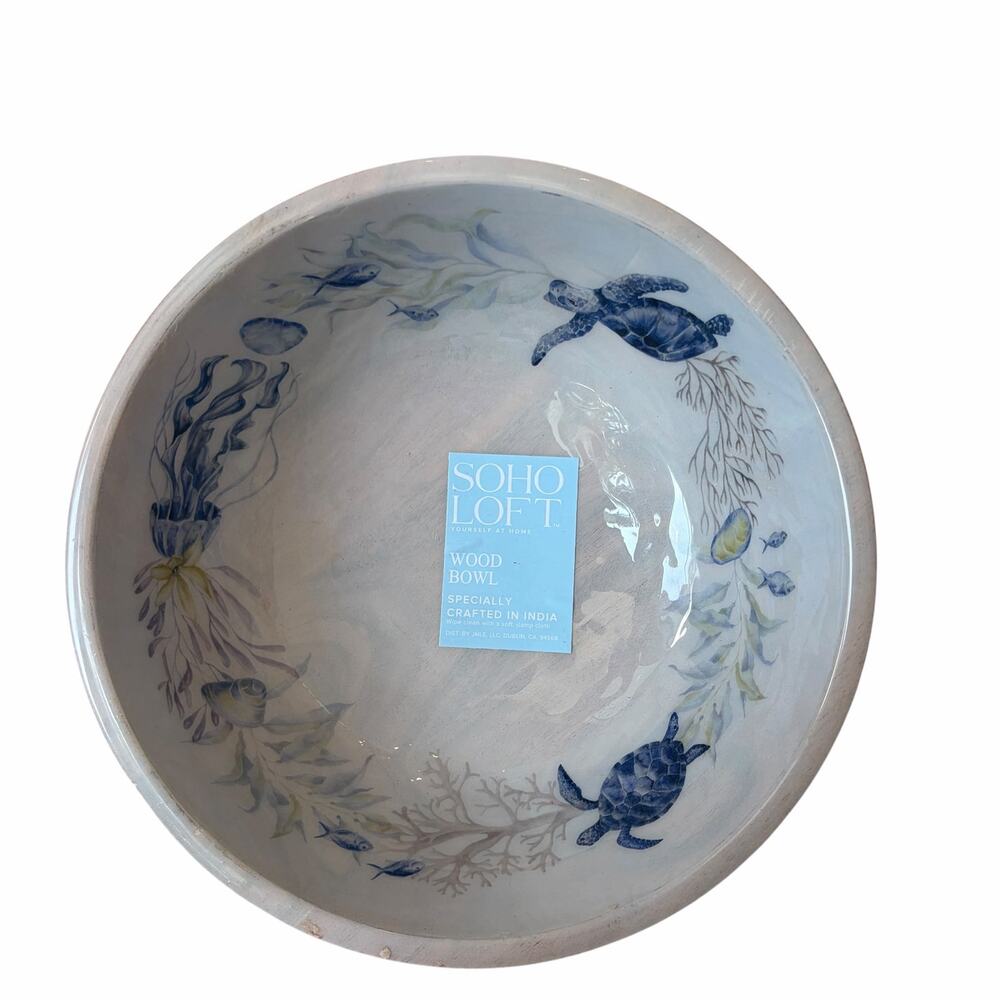 Soho Loft Wood Serving Bowl Coastal Sea Turtles Blue & Gray 8in NEW